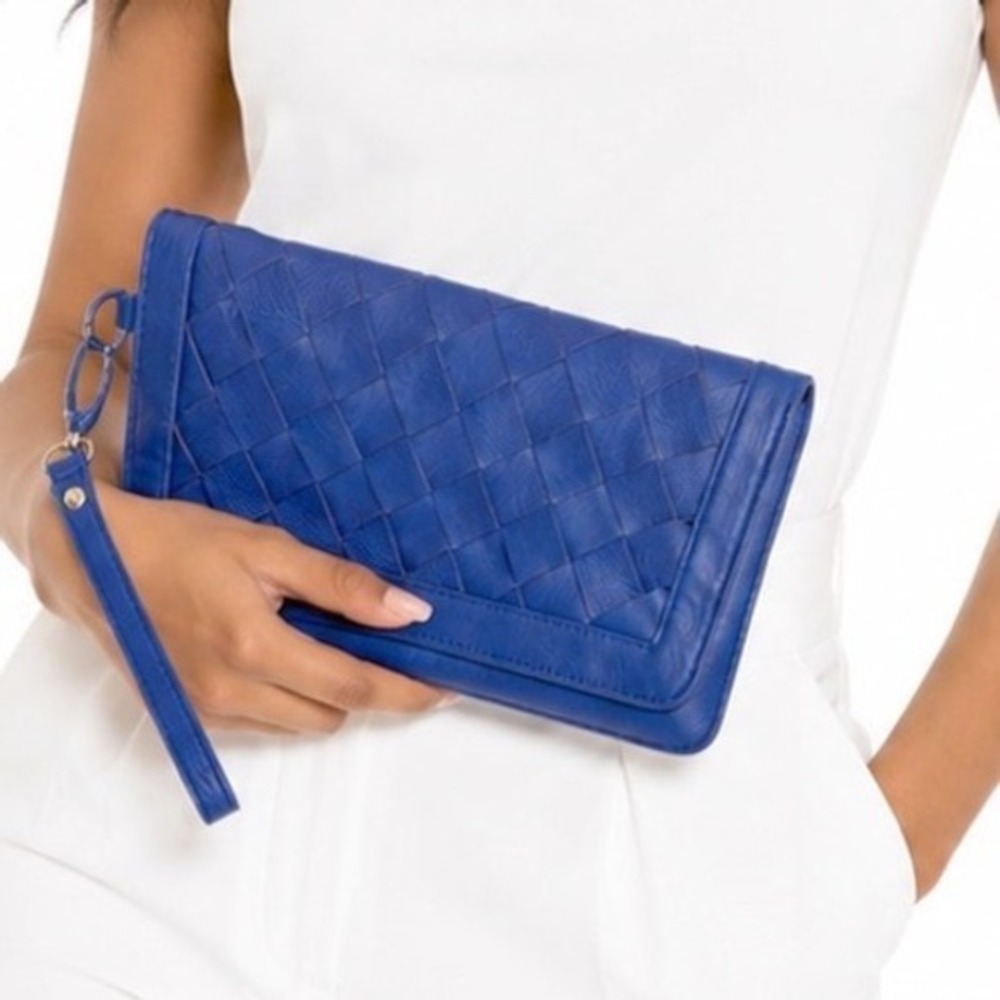 Blue Woven Foldover Clutch Bag Vegan Leather Wristlet Handbag Cobalt Blue 47-09
